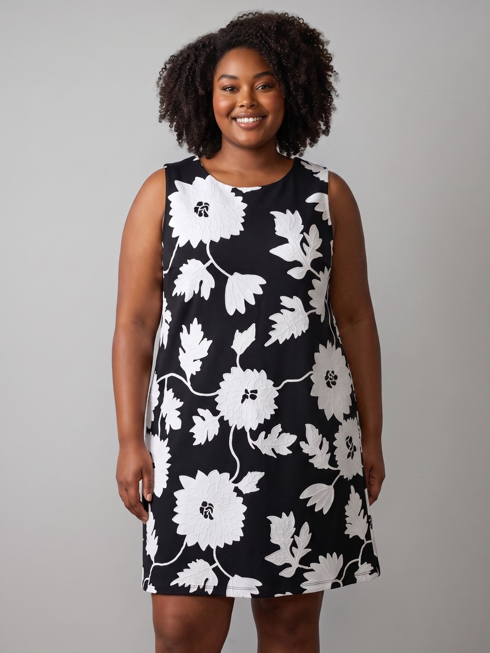 Ronni Nicole Black White Textured Floral Shift Dress Sleeveless